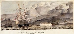 HMS Doris锚定在Rio期间在沉重的罢工期间