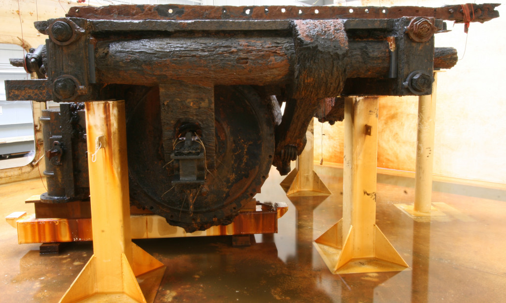 Here she is from the starboard vantage. Dealing with the huge yet fragile main cylinder will be one of our most challenging aspects of this particular multi-decade conservation process.