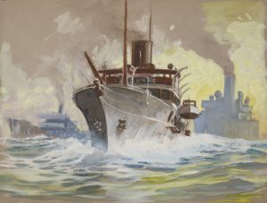 在粉红色和黄色的天空衬托下，船只在水中疾驰。